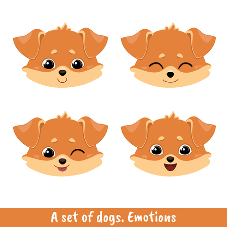 A set of four dogs with different facial expressions - a neutral smile, a smile with closed eyes, a wink, a joy. Color image of a pets. Vector illustration for coloring book, stencil, design, prints.のイラスト素材