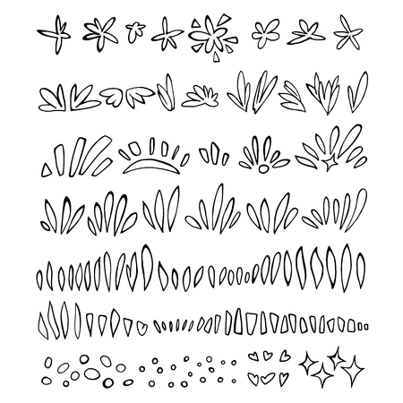 Set of natural elements doodle. Black and white linear pattern. Organic textile. Sketch style vector collection. Beauty concept.のイラスト素材
