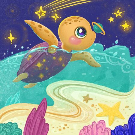 Cartoon sea turtle against the night sky with stars and comets.の写真素材