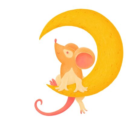 A little mouse sits on a Crescent moon on isolated whiteの写真素材