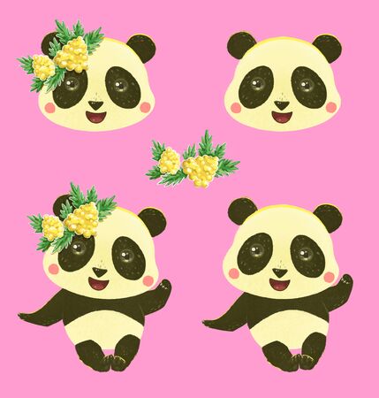 Cartoon panda in a wreath of yellow flowers on an isolated pink background. Mimosa, panda head. Illustrations for design, prints, postcards, posters.の写真素材