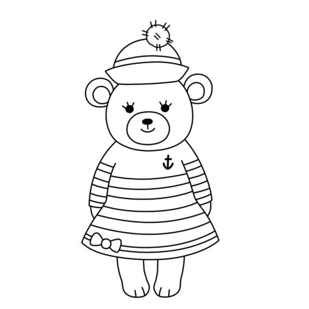 Little bear cub sailor in a striped dress and hat with a pompom. Childrens coloring, contour black and white image.の写真素材