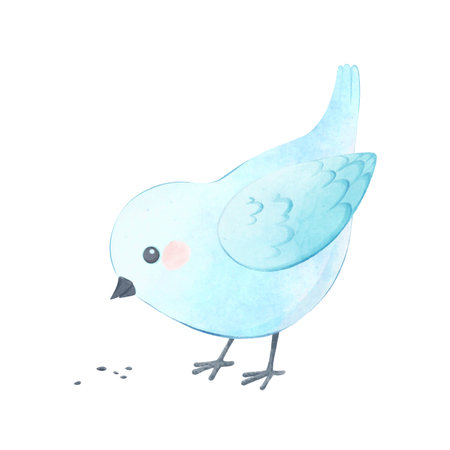Cute bird watercolor illustration, dove eats, children character design. Cartoon white dove pecking at grainsの写真素材