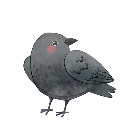 Cute Black Raven. Cartoon black bird watercolor illustration.の写真素材