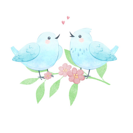 Two White Birds in love on a branch with Pink Flowers.の写真素材