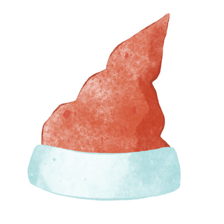 New Years hat. Festive red cap with a pointed tip. Accessory for the holiday and party. Carnival costume. Santa Claus headdress. Watercolor illustration on isolated background.の写真素材