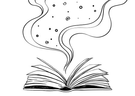 Magic Book. An open paper book glows and sparkles. The plot of the story emerges from an open book.のイラスト素材