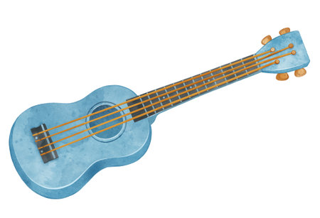 Ukulele. Cute blue guitar. Musical instruments for kids, music training. Clip art for design. Watercolor illustration on isolated white background.の写真素材