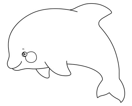 Cute Dolphin Vector Illustration. Sea theme kids character isolated on white background. Childrens cartoon design with animal. Linear design for coloring pages, educational childrens books.のイラスト素材