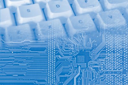 blue background with electronic circuit and keyboardの写真素材