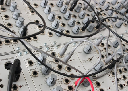 closeup of an analog modulare synthesyzer in a recording studioの写真素材