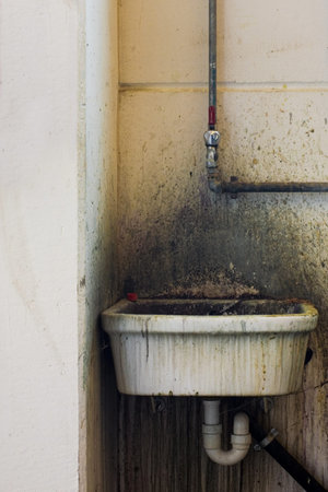 dirt and desgusting washbasin with pipes in a old industryの写真素材