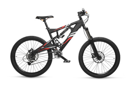 Dual Suspension Black Down Hill Mountain Bike With white and red decal isolated on whiteの写真素材