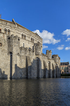 Castle of Ghent (Ghent) mirroring in the water (Belgium)のeditorial素材