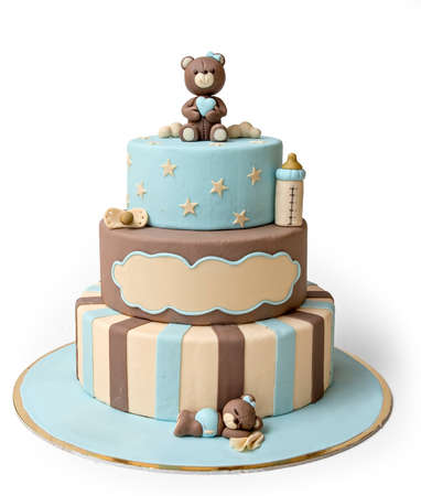 brown and blu birthday cake isolated on white background with bearsの写真素材