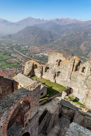 Ruins of Sacra di San Michele - Saint Michael abbey, the ancient medieval abbey near Tourin in the North of Italy with panoramic view of Val Susaのeditorial素材