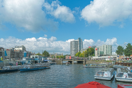 Canal view of amsterdam with ibis hotelのeditorial素材