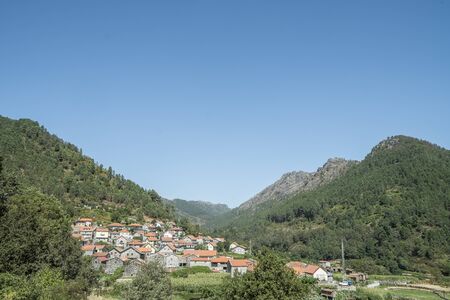 Village in mountain valley in portugalの写真素材