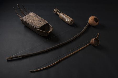 Set of african musical instruments isolated on dark backgroundの写真素材