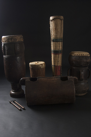 Set of african musical instruments isolated on dark backgroundの写真素材