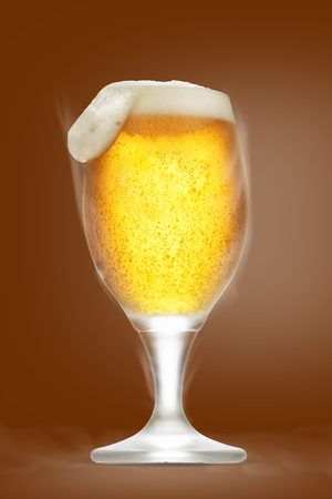 Glass of beer with foam falling to the left side with smoke of freshness, isolated on brown backgroundの写真素材