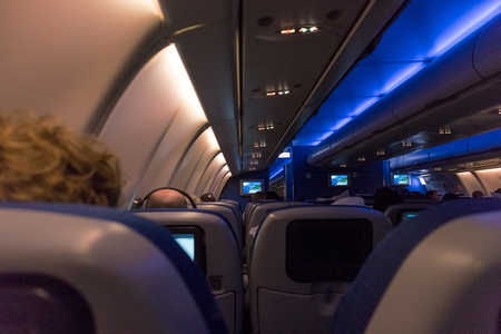 Night view of the interior of airplaneの写真素材
