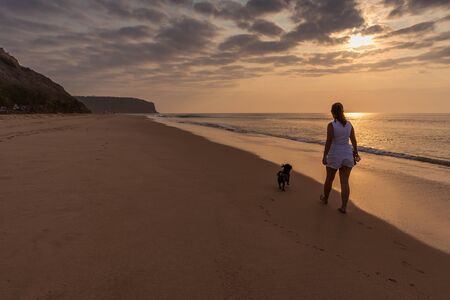 Girl walking with dog on the beach with sunset.の写真素材
