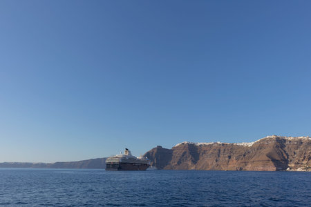 Cruises anchored next to Fira, Santorini. Greece.の写真素材