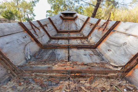 Abandoned old wooden boat, in the forest of the serra de tomar. Portugal.