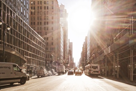 NYC/USA 02 JAN 2018 - New york street with sun.のeditorial素材