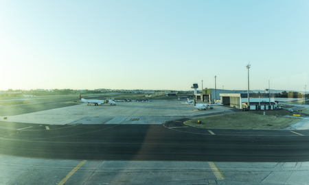 LISBON/PORTUGAL 11 AUG 2018 - Lisbon airport apron with sunset light.のeditorial素材