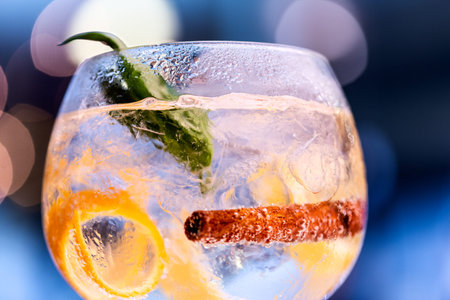 Close up of beautiful glass of gin on bar counter