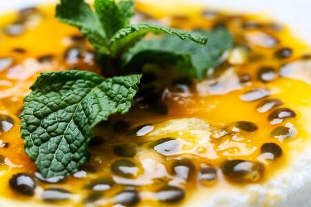 Detail of dessert cake with passion fruit.の写真素材