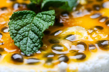 Detail of dessert cake with passion fruit.