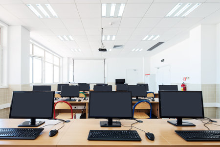 University classroom with computers.