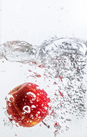 Splash of water with red apple and white background.の写真素材