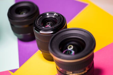 Camera Digital Lens Photography on color backgroundの写真素材