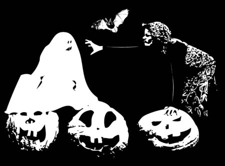 Halloween illustration with witch, ghost, pumpkin and a batのイラスト素材