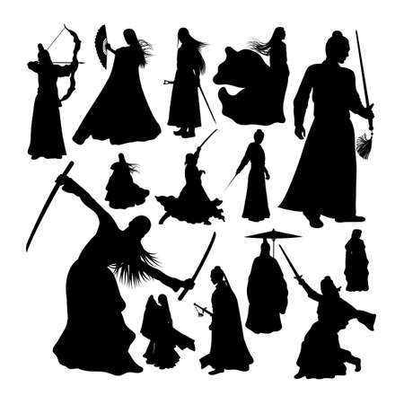 Martial art warrior silhouettes setのイラスト素材