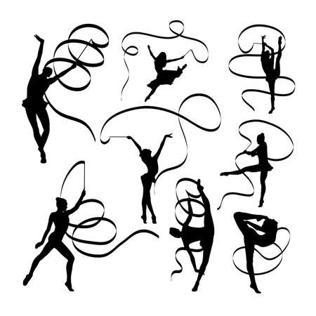 Silhouettes of gymnastics rhythmic performs with ribbon. Good use for symbol,  mascot, icon, sign, or any design you want.のイラスト素材