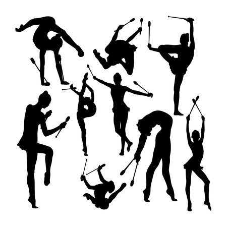 Silhouettes of gymnastics rhythmic performs with clubs. Good use for symbol,  mascot, icon, sign, or any design you want.のイラスト素材