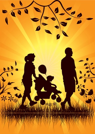 Vector illustration of a young couple with a child and the sun in the backgroundのイラスト素材