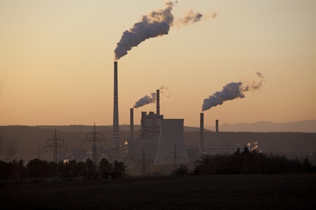 Power plant in sunset, smoking, ecology のeditorial素材
