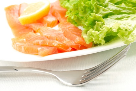 Salted salmon on white plateの写真素材