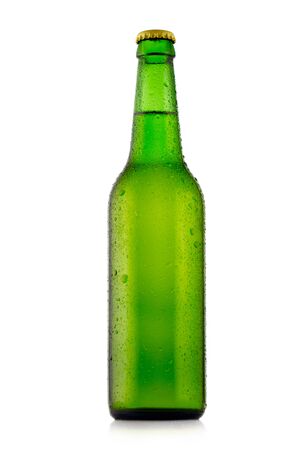 Bottle of beer with waterdrops. Isolated on white backgroundの写真素材
