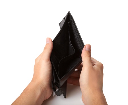 Hands with empty wallet isolated on white backgroundの写真素材