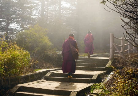 Sichuan, China -  APRIL 12:  Two monks climbing up to holy mountain Emei Shanの写真素材