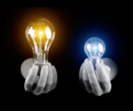 Hands holding two light bulb isolated on black