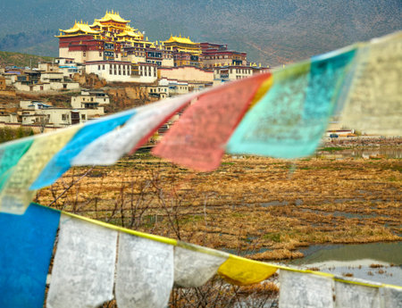 Landscape with tibetan monastery and lake