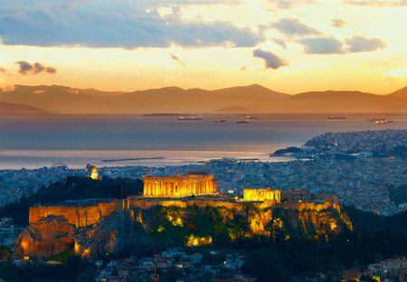 Athens, Greece. After sunset. Parthenon and Herodium construction in Acropolis Hillのeditorial素材